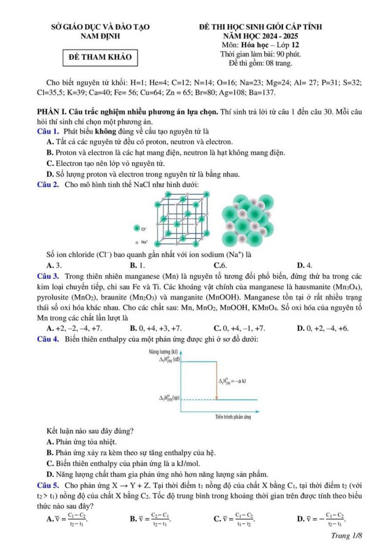 Đề thi HSG tỉnh môn Hóa lớp 12 tỉnh Nam Định năm 2024-2025