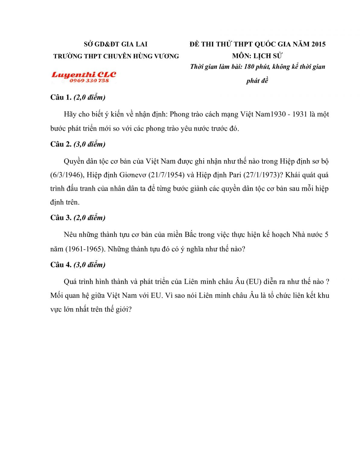 Đề thi thử THPT Quốc Gia m&ocirc;n Lịch Sử tỉnh Gia Lai năm 2015