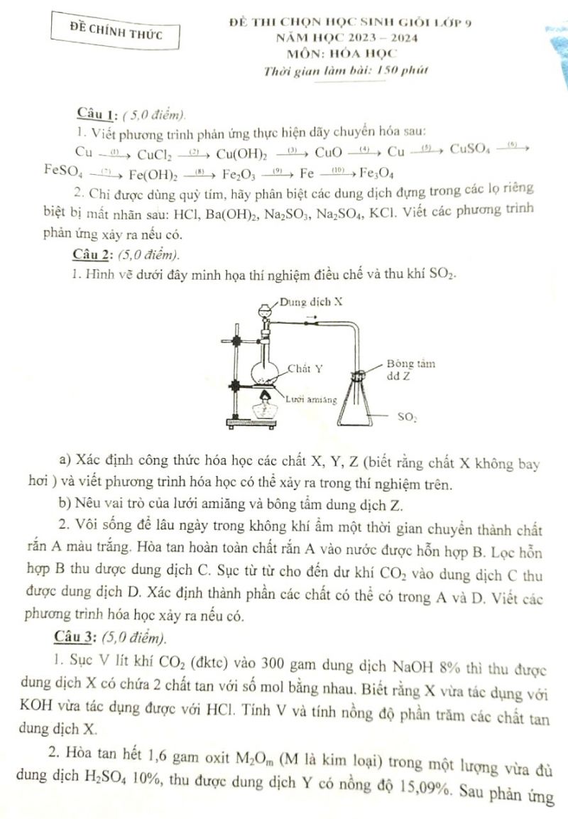 Đề thi chọn HSG môn Hóa Học lớp 9, năm học 2023 - 2024