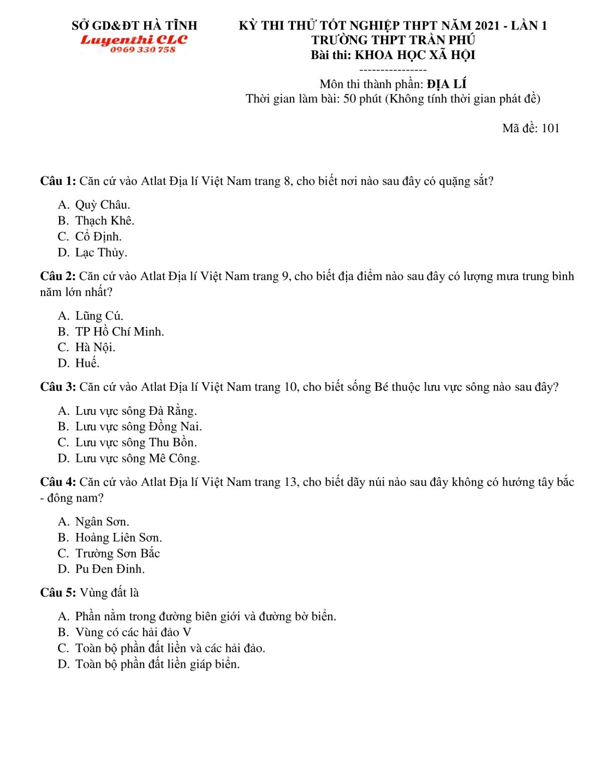Đề thi thử tốt nghiệp THPT m&ocirc;n Địa L&yacute; - lần 1 Trường THPT Trần Ph&uacute; tỉnh H&agrave; Tĩnh năm 2021