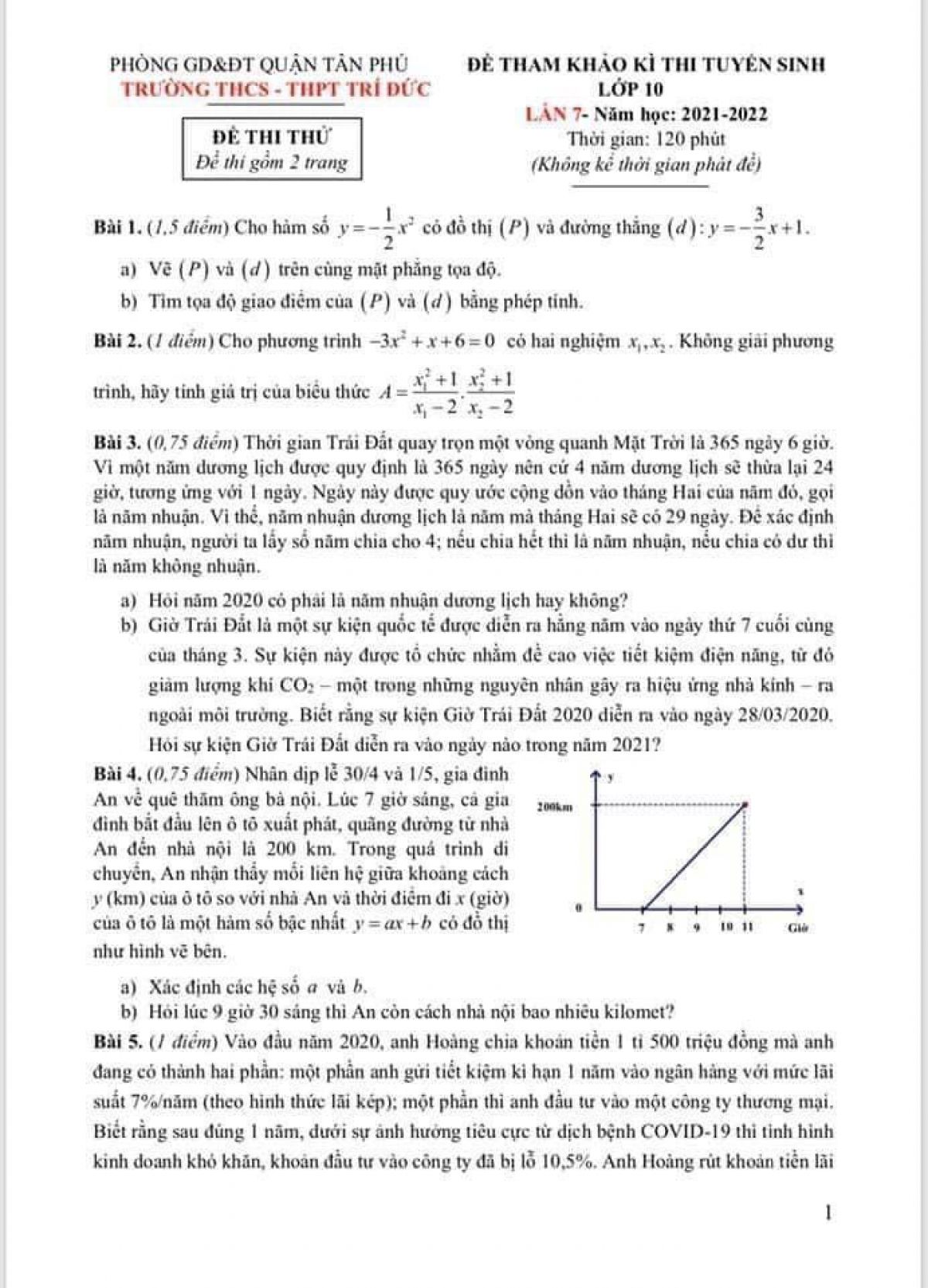 Đề thi thử tuyển sinh v&agrave;o lớp 10 v&agrave; đ&aacute;p &aacute;n m&ocirc;n To&aacute;n Trường THCS - THPT Tr&iacute; Đức, quận T&acirc;n Ph&uacute;, th&agrave;nh phố Hồ Ch&iacute; Minh năm 2021