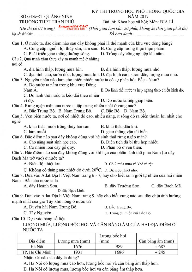 Đề thi THPT Quốc Gia và đáp án môn Địa Lý Trường THPT Trần Phú, Quảng Ninh năm 2017