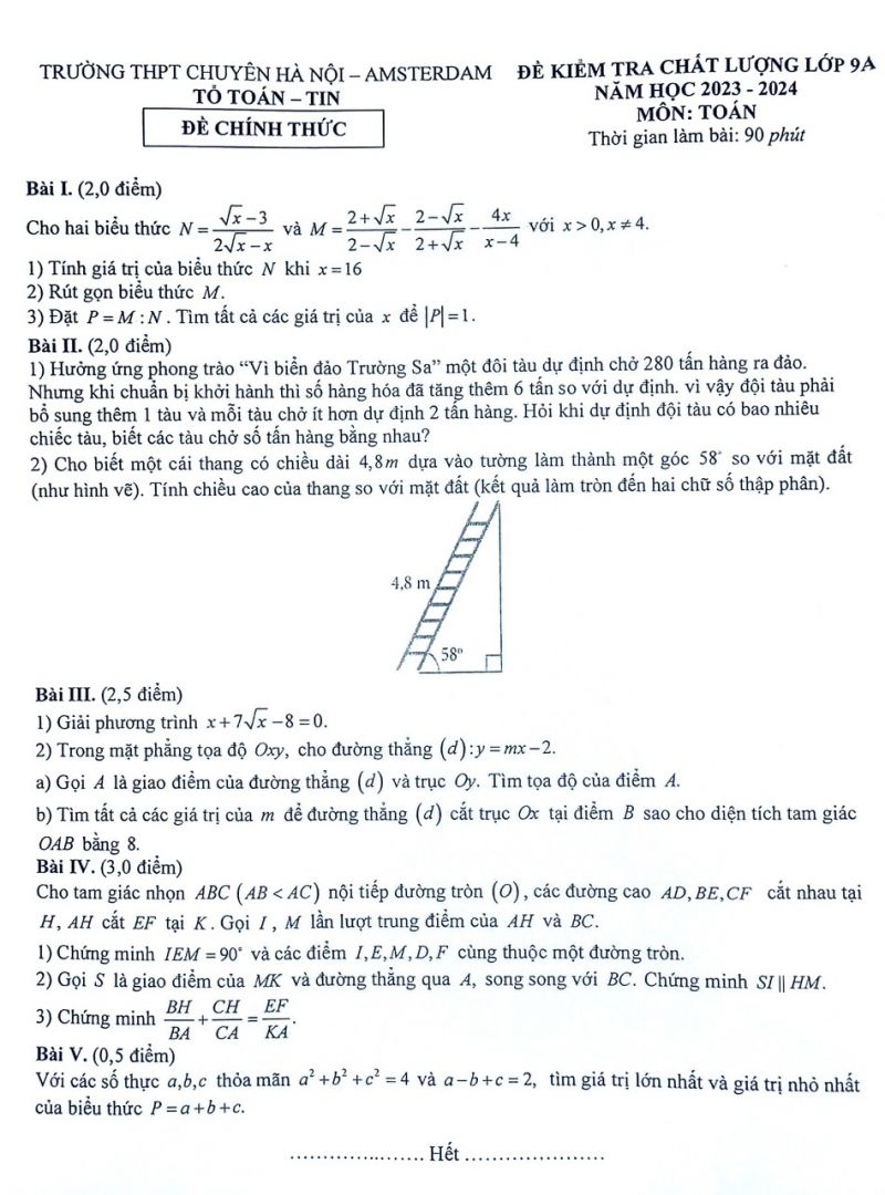 Đề kiểm tra chất lượng môn Toán lớp 9 Trường THPT Chuyên Hà Nội - Amsterdam năm 2023