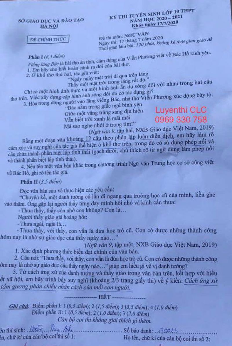 Đề thi tuyển sinh v&agrave;o lớp 10 THPT m&ocirc;n NGỮ VĂN H&agrave; Nội năm 2020