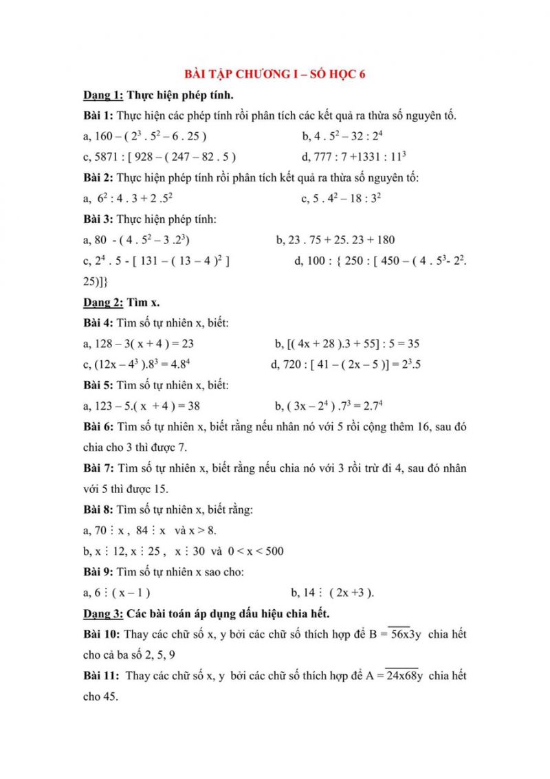 B&agrave;i tập chương I - Số học 6