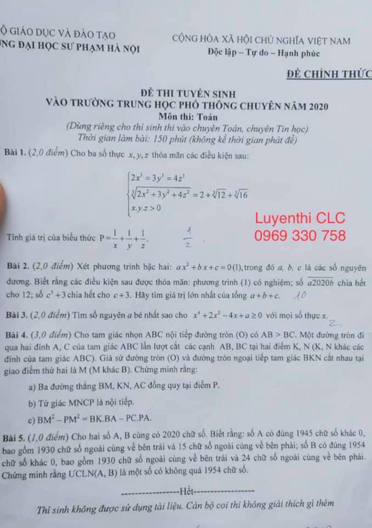 Đề thi m&ocirc;n TO&Aacute;N chuy&ecirc;n - tuyển sinh v&agrave;o lớp 10 THPT chuy&ecirc;n ĐHSP H&agrave; Nội năm 2020 (thi chiều ng&agrave;y 15/7/2020)