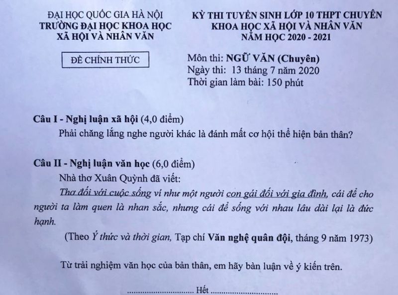 Đề thi tuyển sinh v&agrave;o lớp 10 THPT CHUY&Ecirc;N m&ocirc;n Ngữ Văn, Trường Đại Học Khoa Học X&atilde; hội v&agrave; Nh&acirc;n văn năm 2020