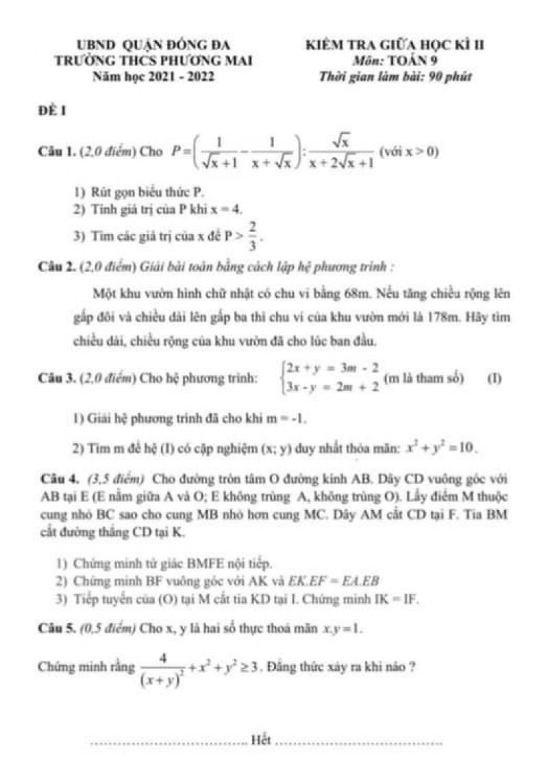 Đề kiểm tra giữa học kỳ II môn Toán lớp 9 Trường THCS Phương Mai, quận Đống Đa, Hà Nội năm 2022