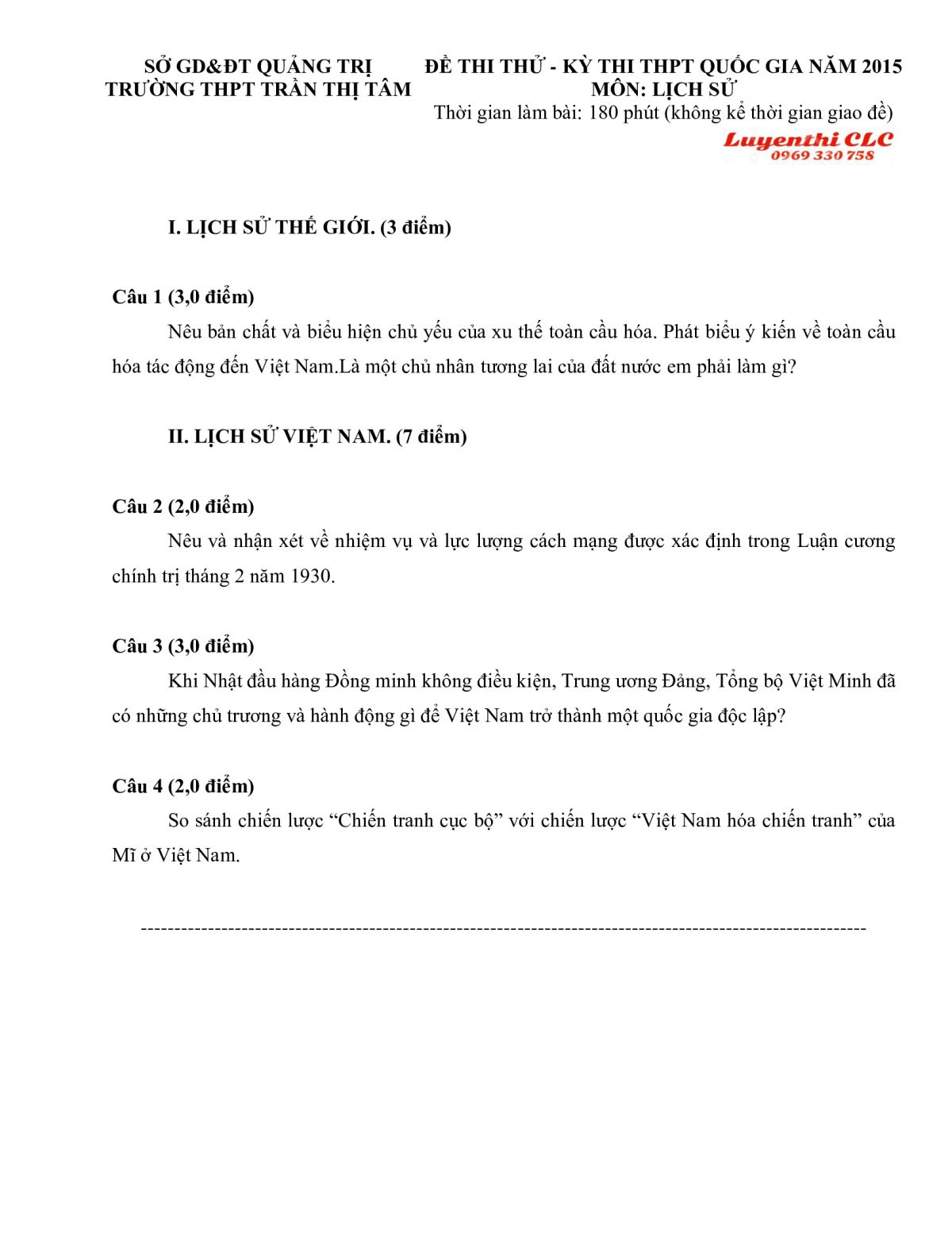 Đề thi thử THPT Quốc Gia m&ocirc;n Lịch Sử tỉnh Quảng Trị năm 2015