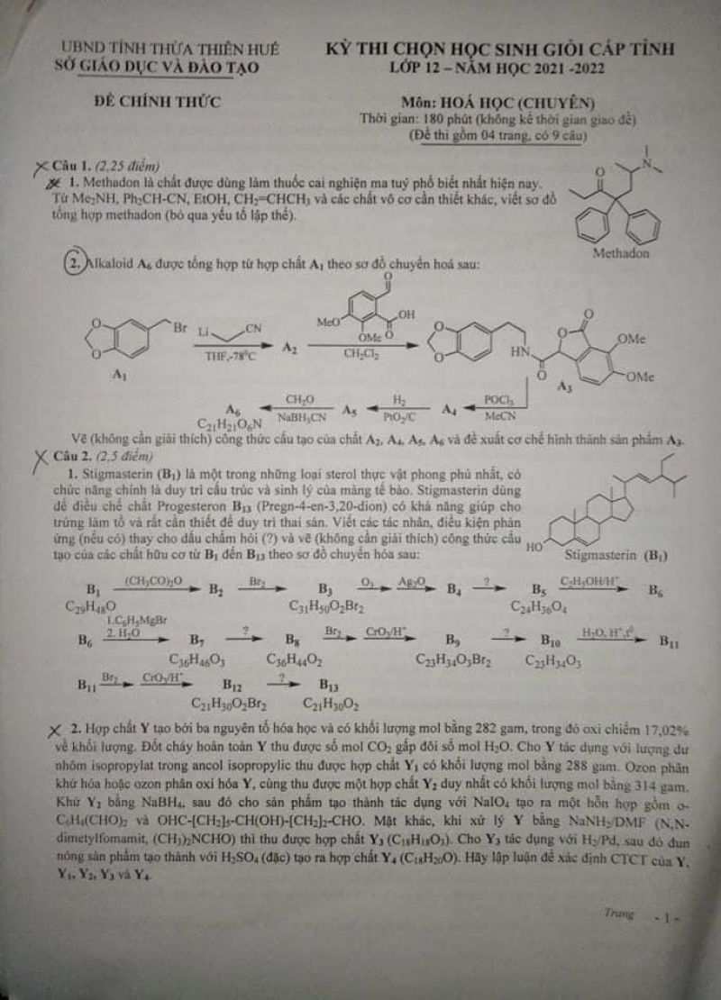 Đề thi chọn HSG m&ocirc;n H&oacute;a Học lớp 12 (Chuy&ecirc;n) tại Thừa Thi&ecirc;n Huế năm 2022