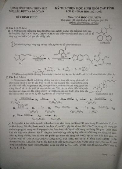 Đề thi chọn HSG môn Hóa Học lớp 12 (Chuyên) tại Thừa Thiên Huế năm 2022