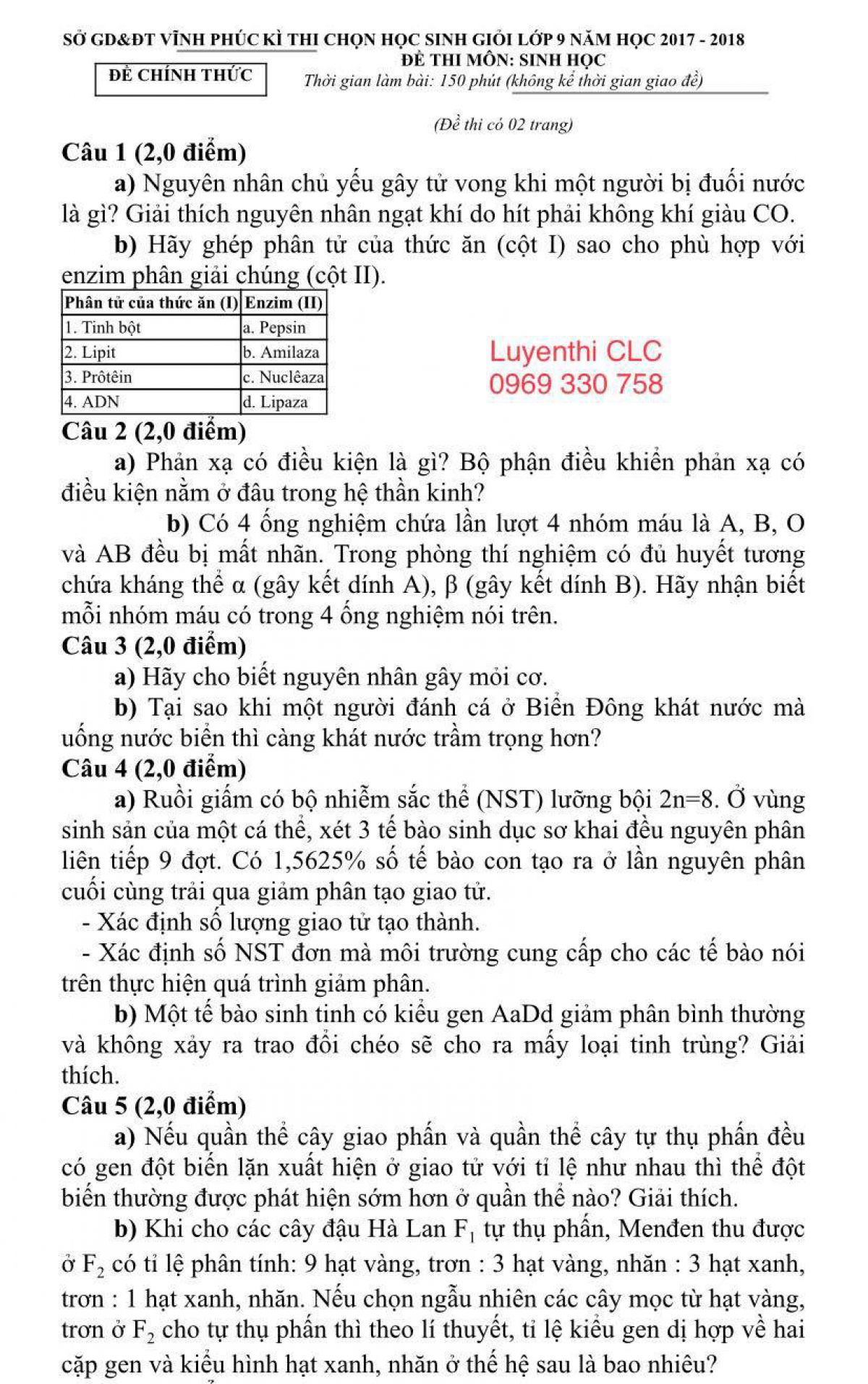 Đề thi chọn HSG v&agrave; đ&aacute;p &aacute;n m&ocirc;n Sinh học lớp 9 tỉnh Vĩnh Ph&uacute;c năm 2017