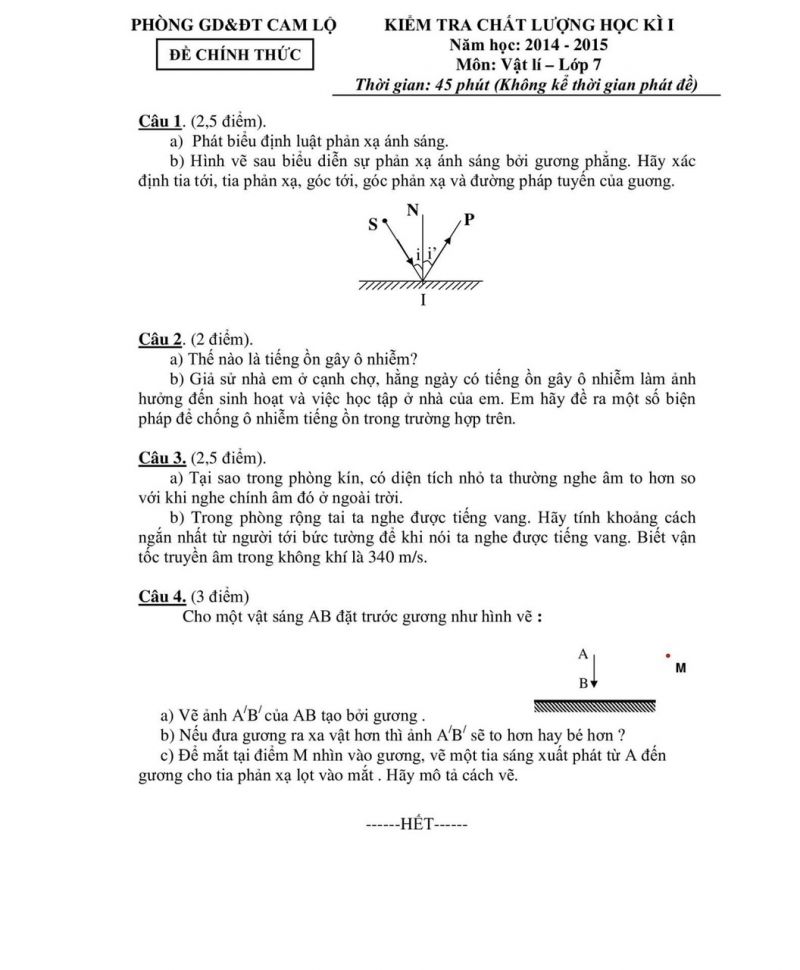 Đề kiểm tra chất lượng học kì I và đáp án môn Vật lý 7 huyện Cam Lộ, Quảng Trị năm 2014