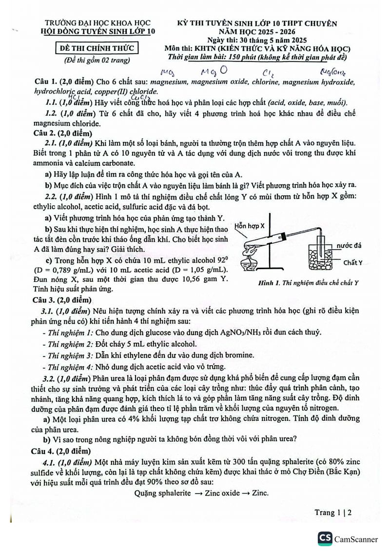 Đề thi v&agrave;o lớp 10 THPT chuy&ecirc;n m&ocirc;n KHTN (H&oacute;a) trường Đại học Khoa Học năm 2025-2026