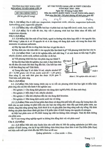 Đề thi vào lớp 10 THPT chuyên môn KHTN (Hóa) trường Đại học Khoa Học năm 2025-2026