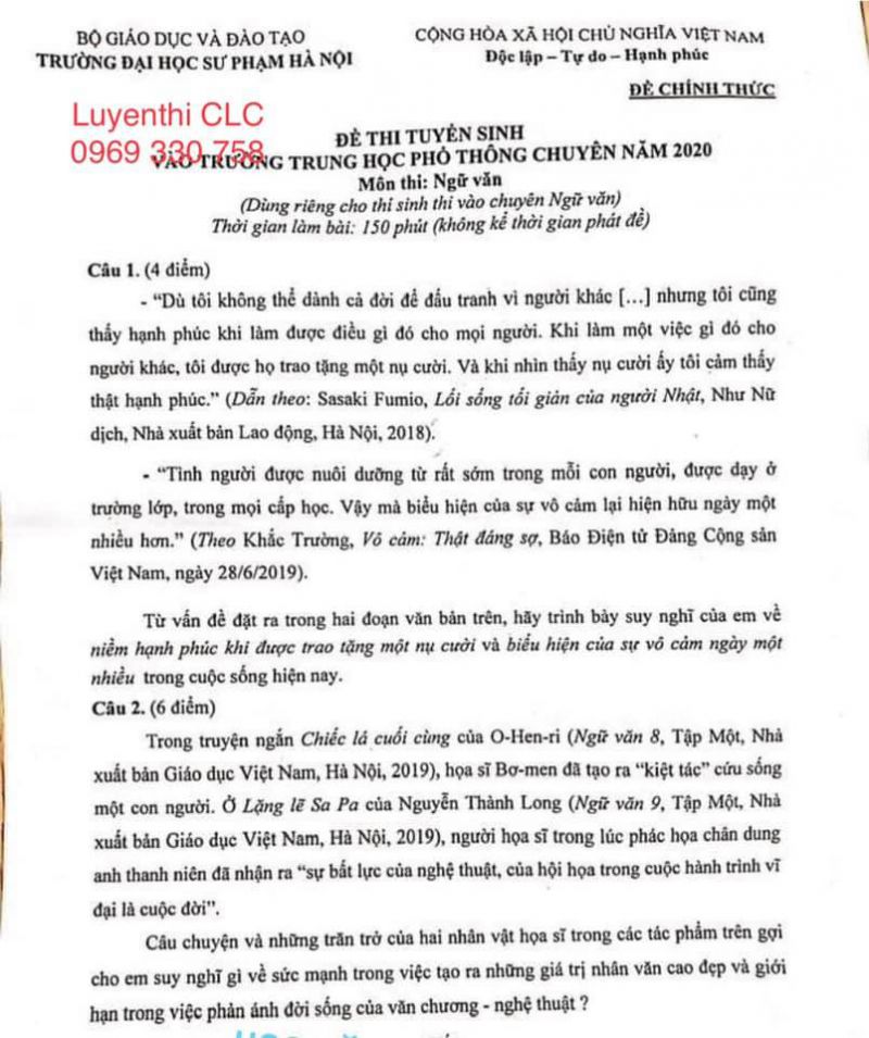 Đề thi môn NGỮ VĂN (đề chuyên) - tuyển sinh vào lớp 10 THPT chuyên ĐHSP Hà Nội năm 2020 (thi chiều ngày 15/7/2020)