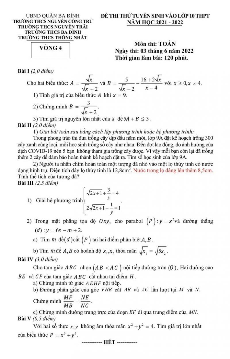 Đề thi thử tuyển sinh vào lớp 10 môn Toán Trường THCS Nguyễn Công Trứ, Trường THCS Nguyễn Trãi, Trường THCS Ba Đình, Trường THCS Thống Nhất, quận Ba Đình, Hà Nội năm 2022