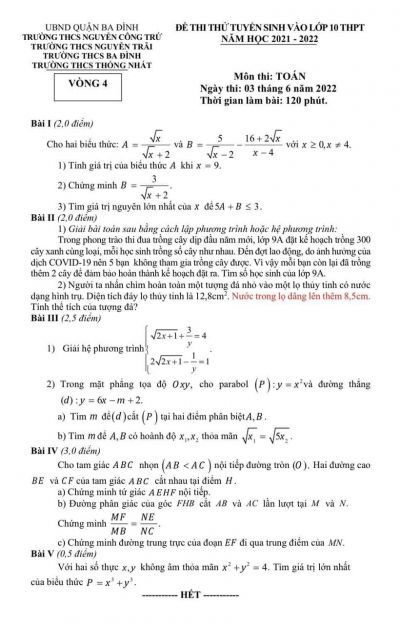 Đề thi thử tuyển sinh vào lớp 10 môn Toán Trường THCS Nguyễn Công Trứ, Trường THCS Nguyễn Trãi, Trường THCS Ba Đình, Trường THCS Thống Nhất, quận Ba Đình, Hà Nội năm 2022