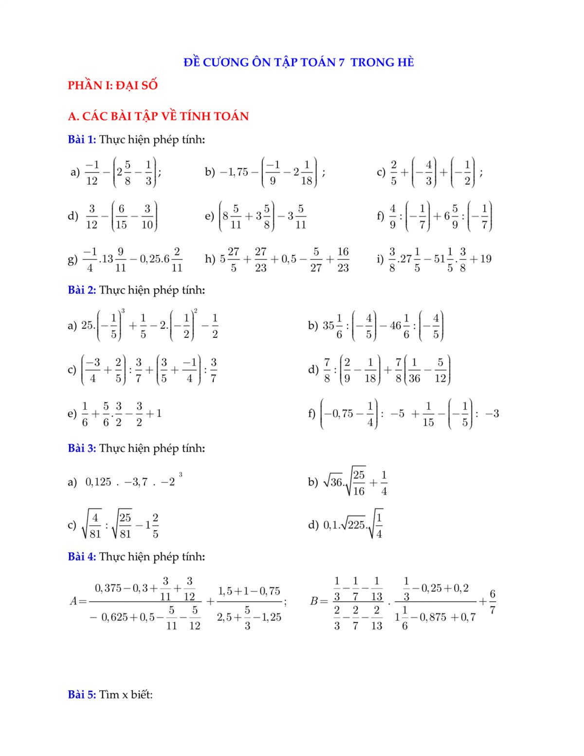 Đề cương &ocirc;n tập To&aacute;n lớp 7 trong h&egrave;