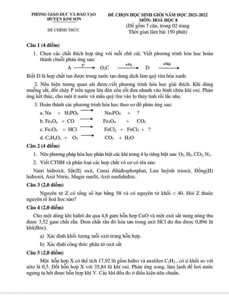 Đề thi chọn HSG và đáp án môn Hóa Học  lớp 8 huyện Kim Sơn tỉnh Ninh Bình năm 2021