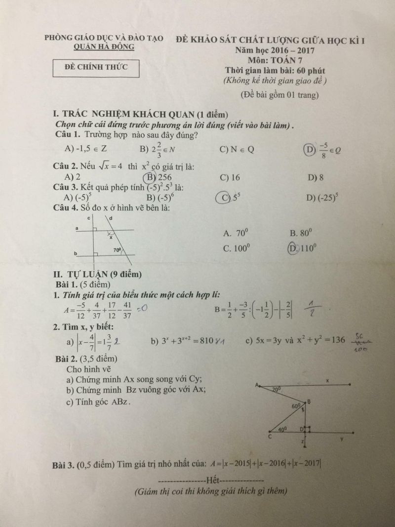 Đề khảo s&aacute;t chất lượng giữa học k&igrave; I m&ocirc;n To&aacute;n lớp 7 quận H&agrave; Đ&ocirc;ng năm 2016
