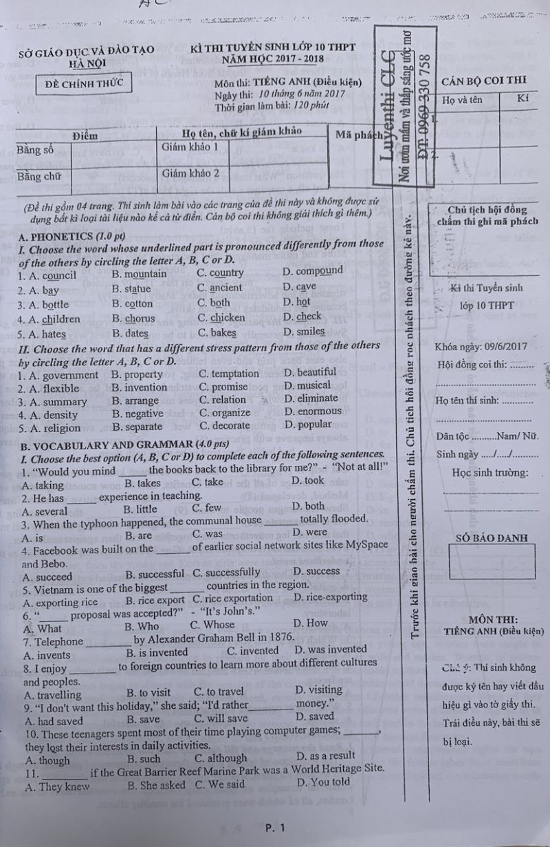 Đề thi tuyển sinh v&agrave;o lớp 10 THPT v&agrave; đ&aacute;p &aacute;n m&ocirc;n Tiếng Anh ( điều kiện ) tại H&agrave; Nội năm 2017