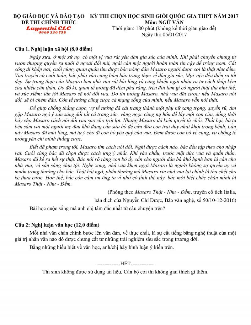 Đề thi HSG Quốc Gia THPT m&ocirc;n Ngữ Văn năm 2017