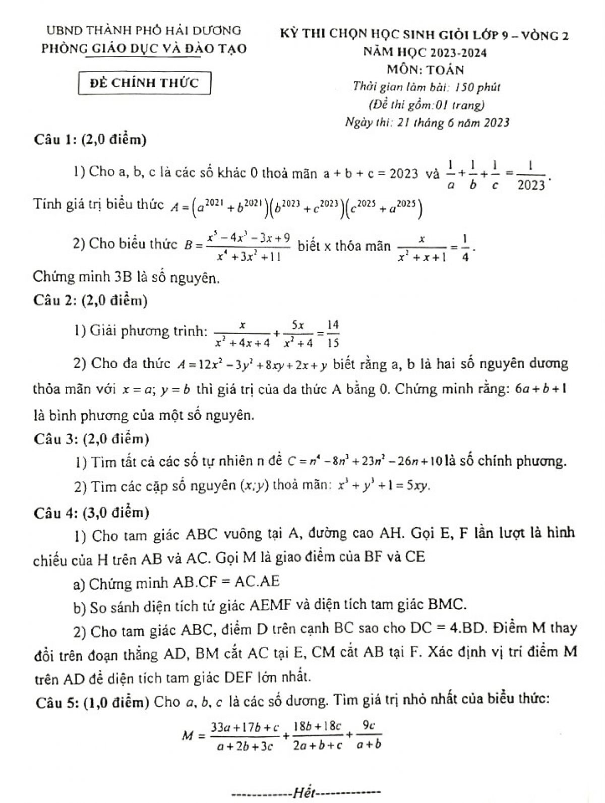 Đề thi chọn HSG v&agrave; đ&aacute;p &aacute;n m&ocirc;n To&aacute;n lớp 9 - V&ograve;ng 2 tại Hải Dương năm 2023