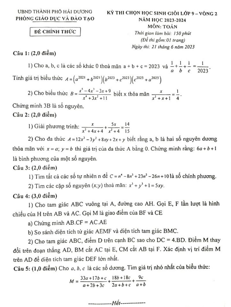 Đề thi chọn HSG và đáp án môn Toán lớp 9 - Vòng 2 tại Hải Dương năm 2023
