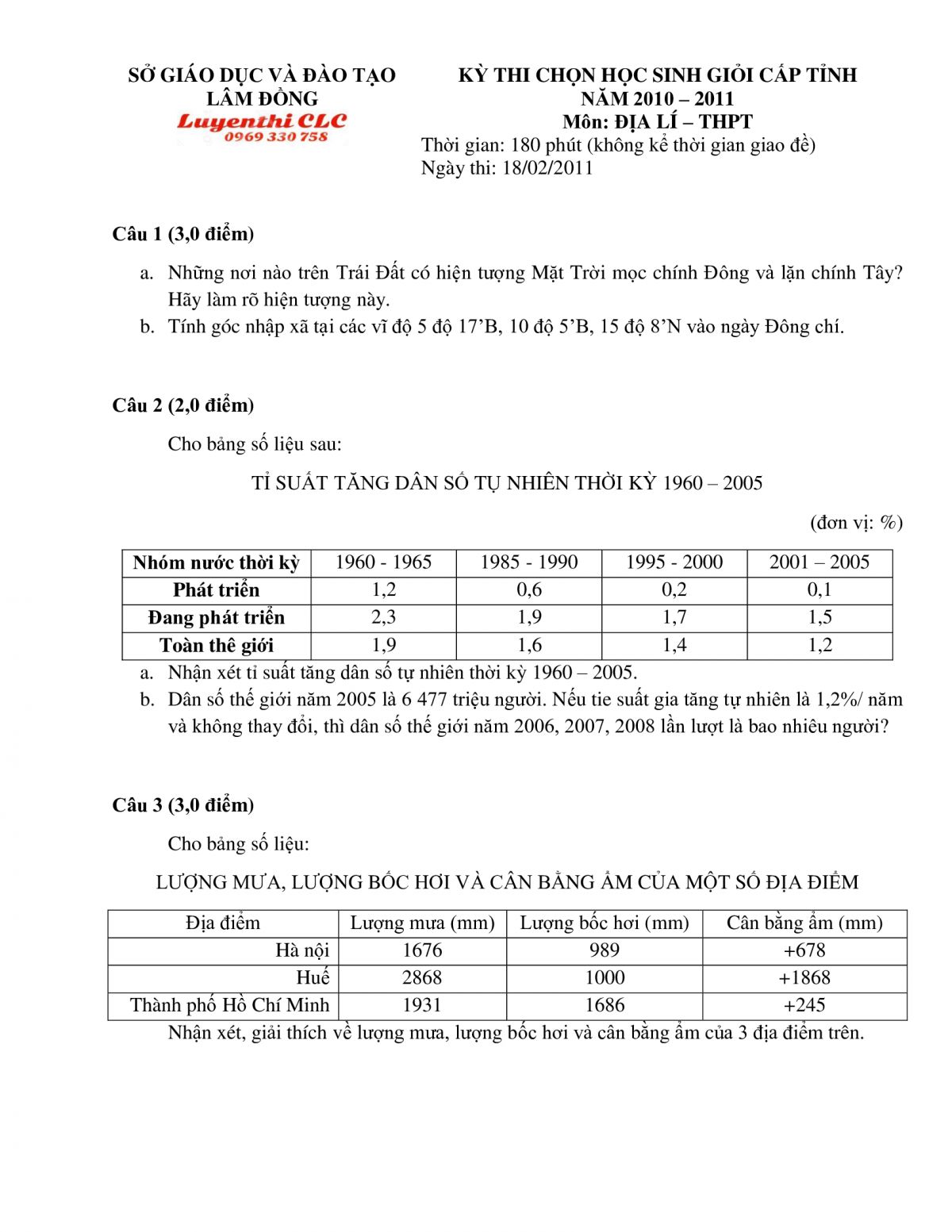 Đề thi chọn HSG THPT cấp tỉnh m&ocirc;n Địa L&iacute; tỉnh L&acirc;m Đồng năm 2011