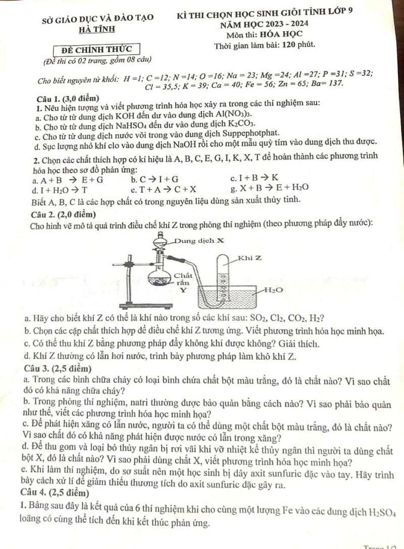 Đề thi chọn HSG môn Hóa Học lớp 9 tỉnh Hà Tĩnh năm 2023