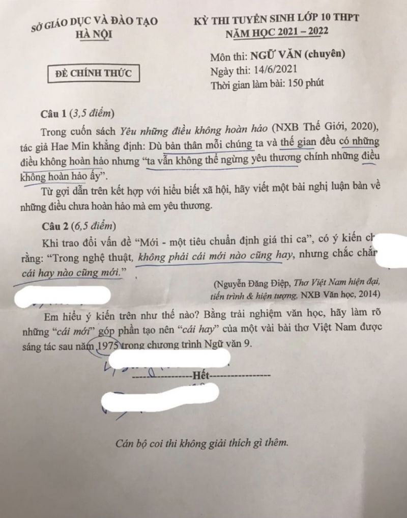 Đề thi tuyển sinh v&agrave;o lớp 10 THPT m&ocirc;n Ngữ Văn ( Chuy&ecirc;n ) tại H&agrave; Nội năm 2021