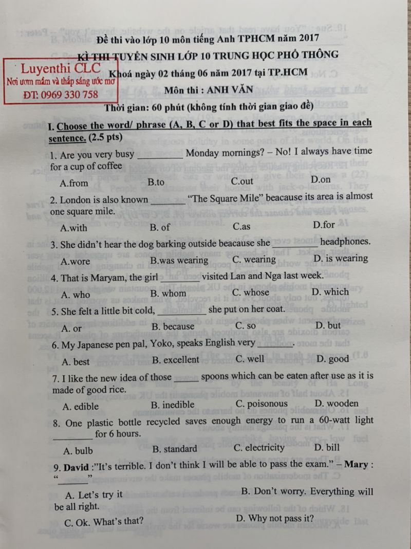 Đề thi vào lớp 10 THPT và đáp án môn Tiếng Anh Thành phố Hồ Chí Minh năm 2017