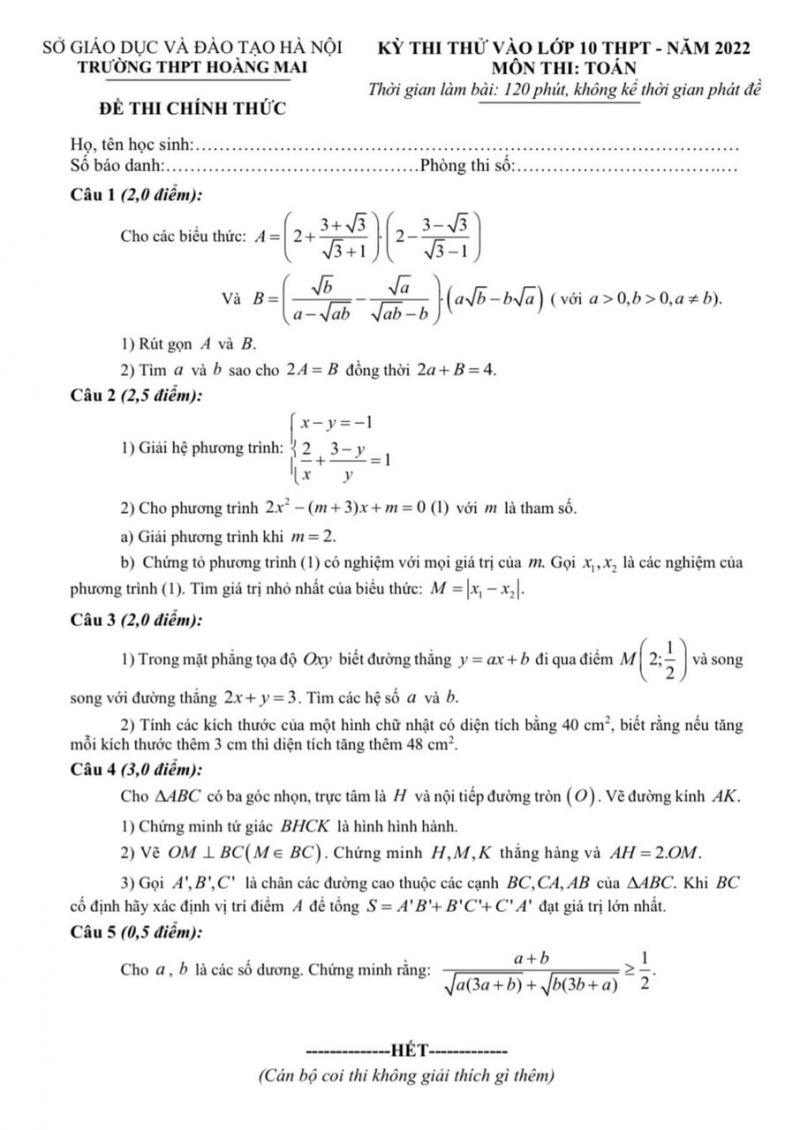 Đề thi thử vào lớp 10 môn Toán Trường THPT Hoàng Mai, Hà Nội năm 2022