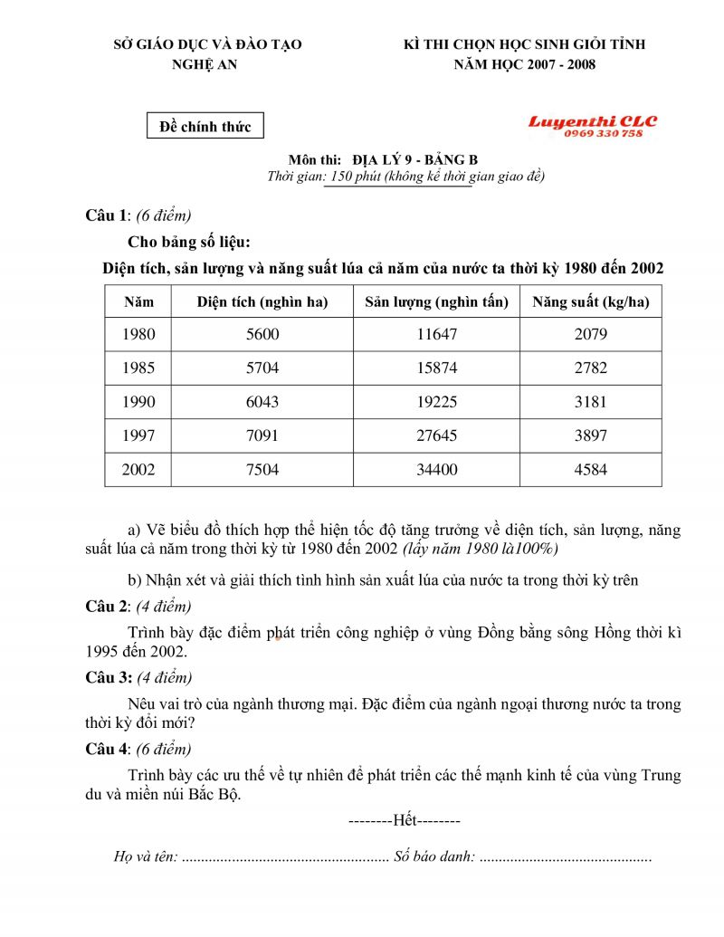 Đề thi chọn HSG tỉnh m&ocirc;n Địa L&iacute; 9 - Bảng B tỉnh Nghệ An năm 2007