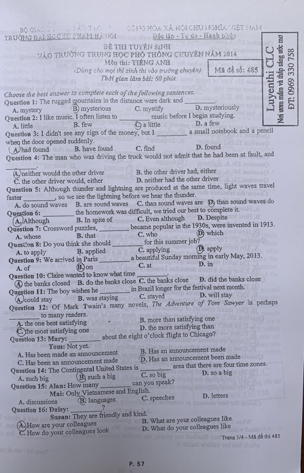 Đề thi tuyển sinh v&agrave;o Trường THPT CHUY&Ecirc;N m&ocirc;n Tiếng Anh Trường Đại học Sư phạm H&agrave; Nội năm 2014