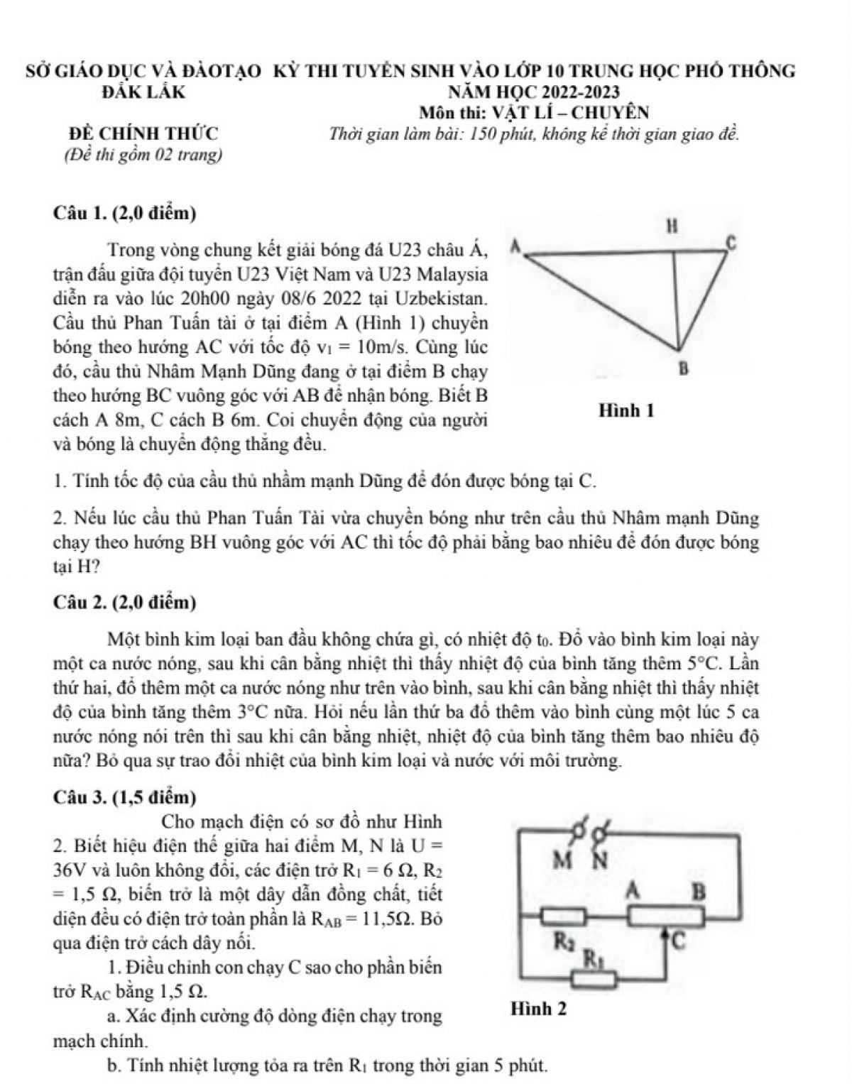 Đề thi tuyển sinh vào lớp 10 THPT môn Vật Lí Chuyên tỉnh Đắk Lắk năm 2023