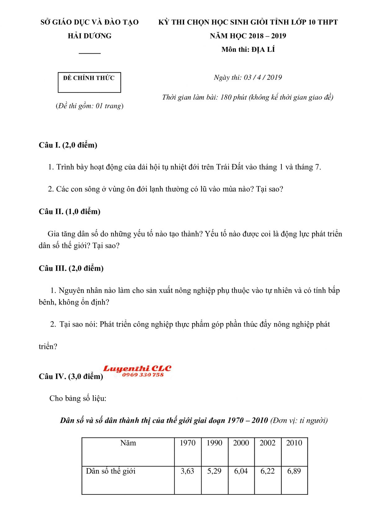 Đề thi chọn HSG Tỉnh lớp 10 THPT m&ocirc;n Địa L&iacute; tỉnh Hải Dương năm 2018