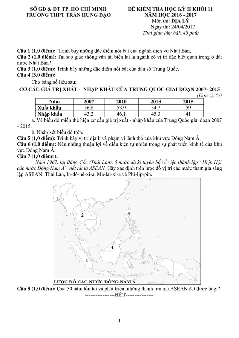 Đề kiểm tra giữa học k&igrave; II khối 11 v&agrave; đ&aacute;p &aacute;n m&ocirc;n Địa L&yacute; Trường THPT Trần Hưng Đạo, TP. Hồ Ch&iacute; Minh năm 2017