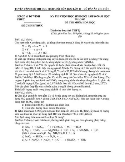 Đề thi chọn HSG và đáp án môn Hóa Học lớp 10 tỉnh Vĩnh Phúc năm 2012