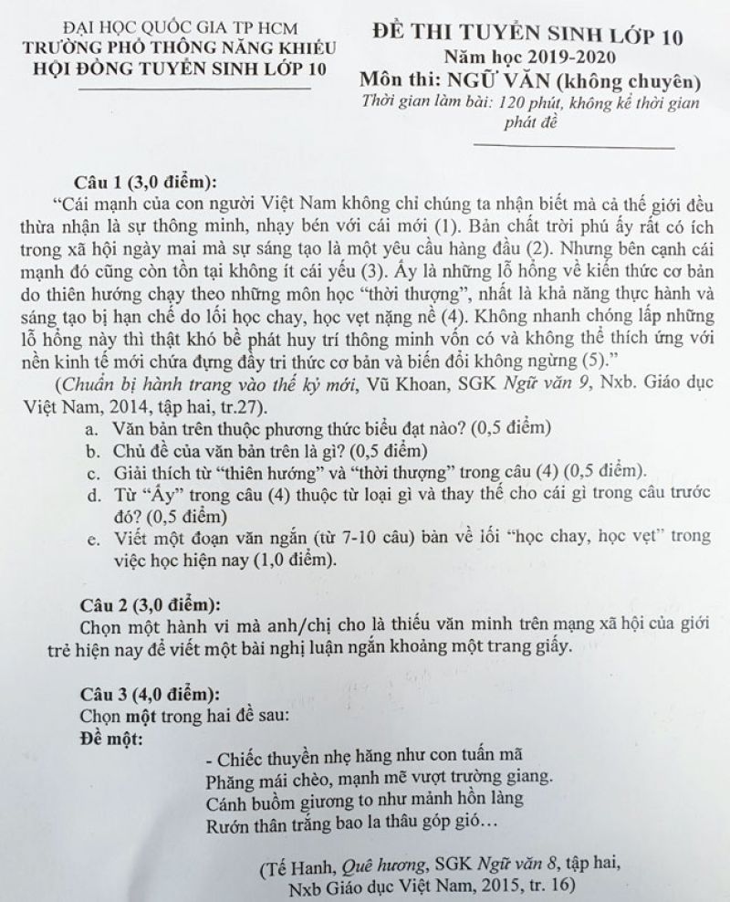 Đề thi tuyển sinh vào lớp 10 môn Ngữ Văn Đại học Quốc gia Thành phố Hồ Chí Minh năm 2019