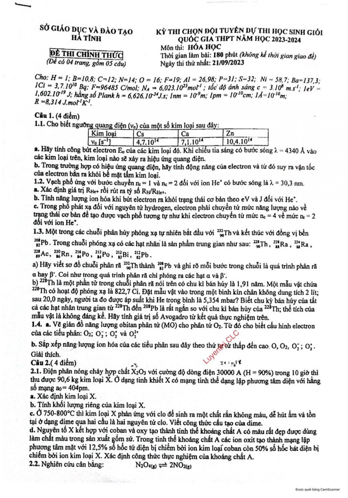 Đề thi chọn đội tuyển dự thi HSG Quốc Gia môn Hóa Học tỉnh Hà Tĩnh năm 2023