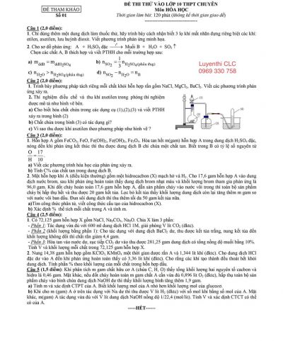 Đề thi thử vào lớp 10 THPT CHUYÊN môn Hóa Học – Đề tham thảo số 1