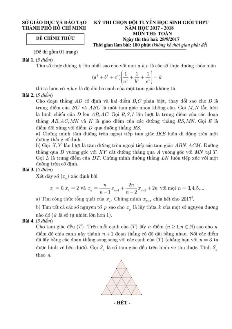 Đề thi chọn đội tuyển HSG THPT môn Toán tại Thành phố Hồ Chí Minh năm 2017