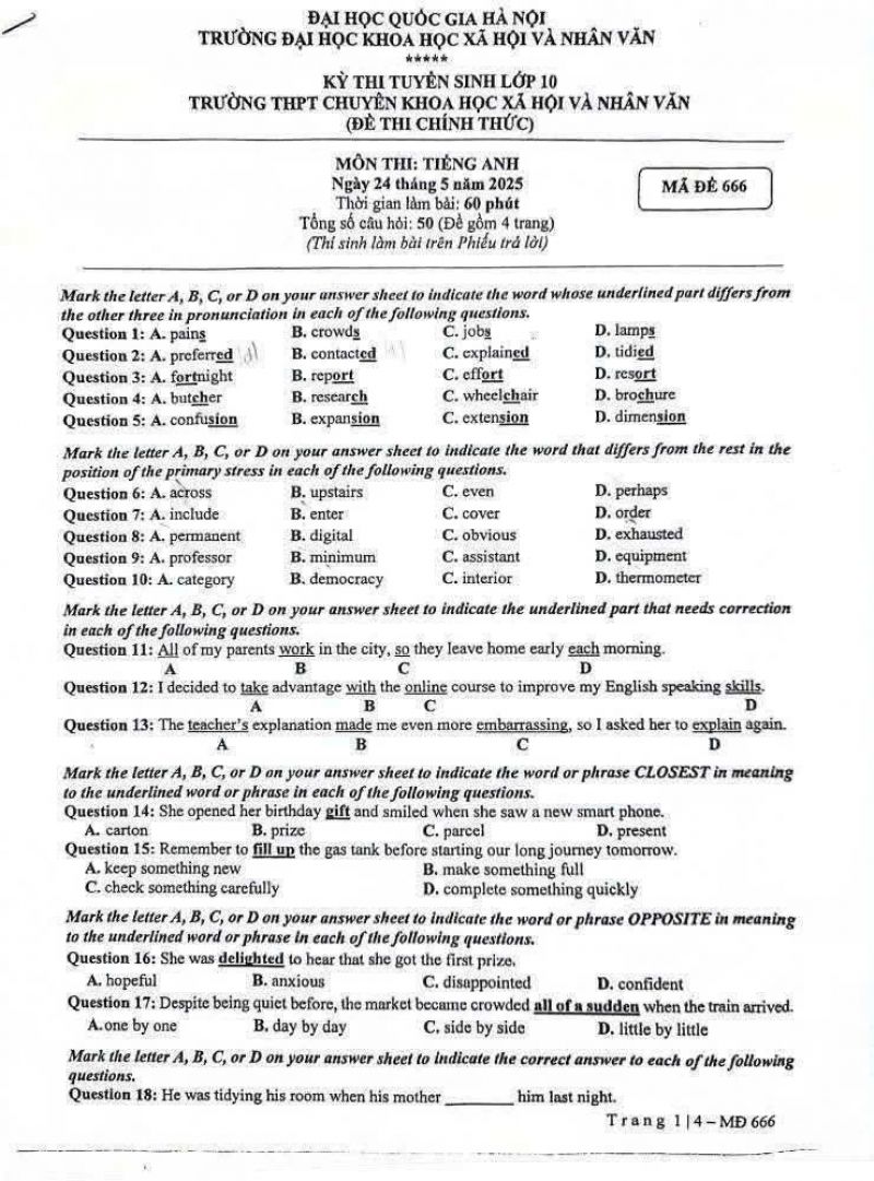 Đề thi tuyển sinh vào lớp 10 môn Tiếng Anh- THPT Chuyên KHXH và NV năm 2025-2026