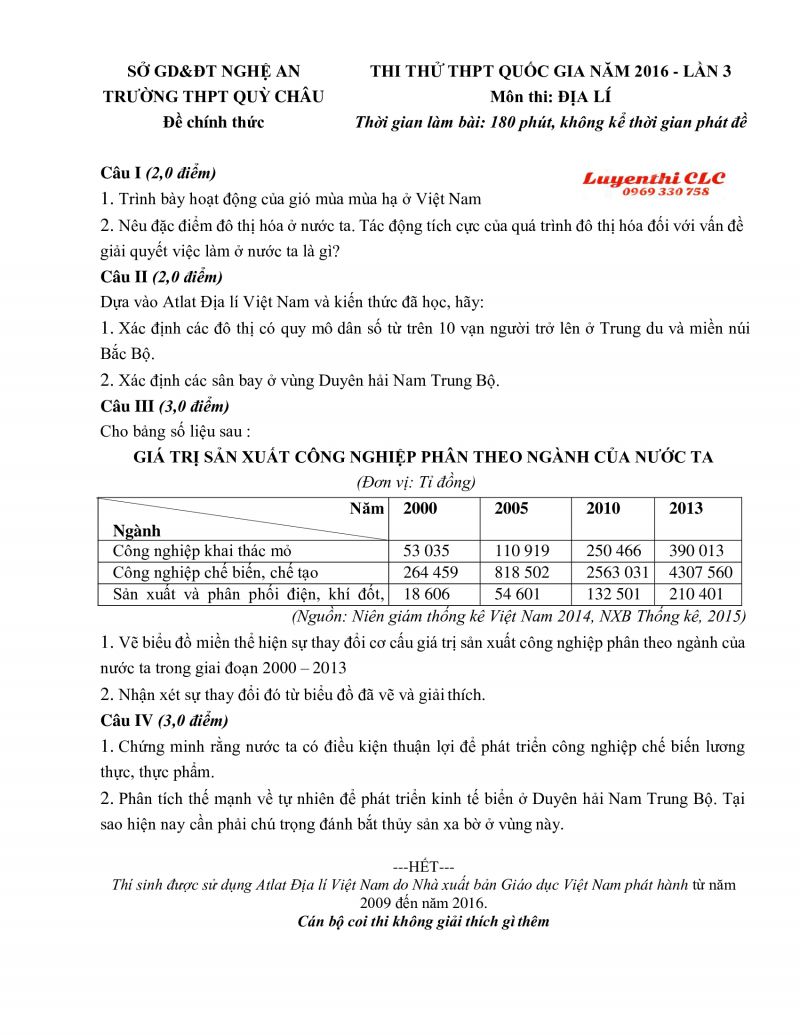 Đề thi thử THPT Quốc Gia lần 3 và đáp án môn Địa Lý Trường THPT Qùy Châu, Nghệ An năm 2016