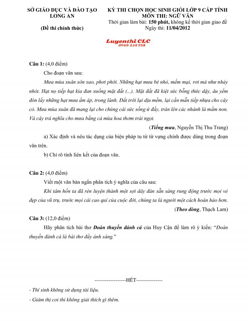 Đề thi chọn HSG cấp tỉnh m&ocirc;n Ngữ Văn lớp 9 tỉnh Long An năm 2012