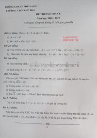 Đề thi HSG m&ocirc;n To&aacute;n lớp 8 Trường THCS Ph&uacute; Hải huyện Ph&uacute; Vang tỉnh Thừa Thi&ecirc;n - Huế năm 2018