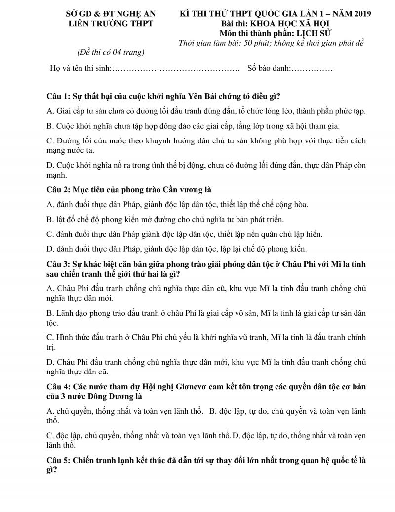 Đề thi thử THPT Quốc Gia lần 1 và đáp án môn Lịch Sử năm 2019