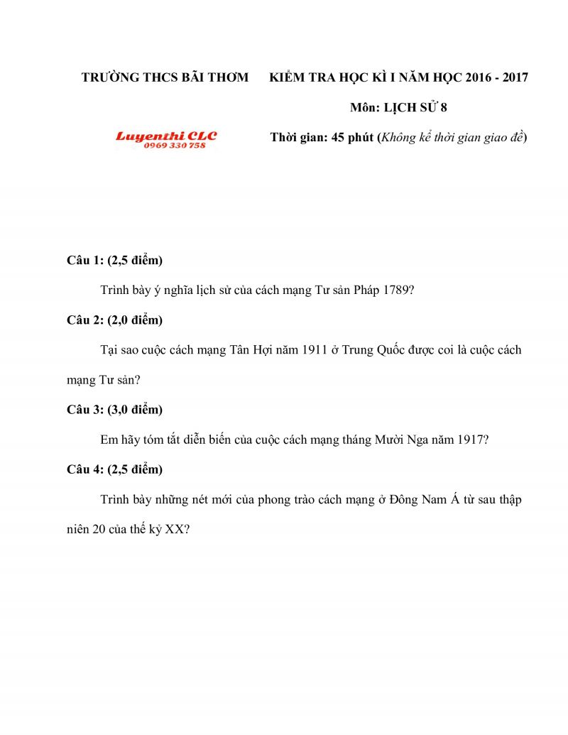 Đề kiểm tra học k&igrave; I v&agrave; đ&aacute;p &aacute;n m&ocirc;n Lịch Sử lớp 8 Trường THCS B&atilde;i Thơm, Ki&ecirc;n Giang năm 2016
